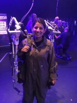 GYA member Clarissa Rios Rojas volunteers to wear robot exoskeleton in interactive exhibition 'Inferno'.